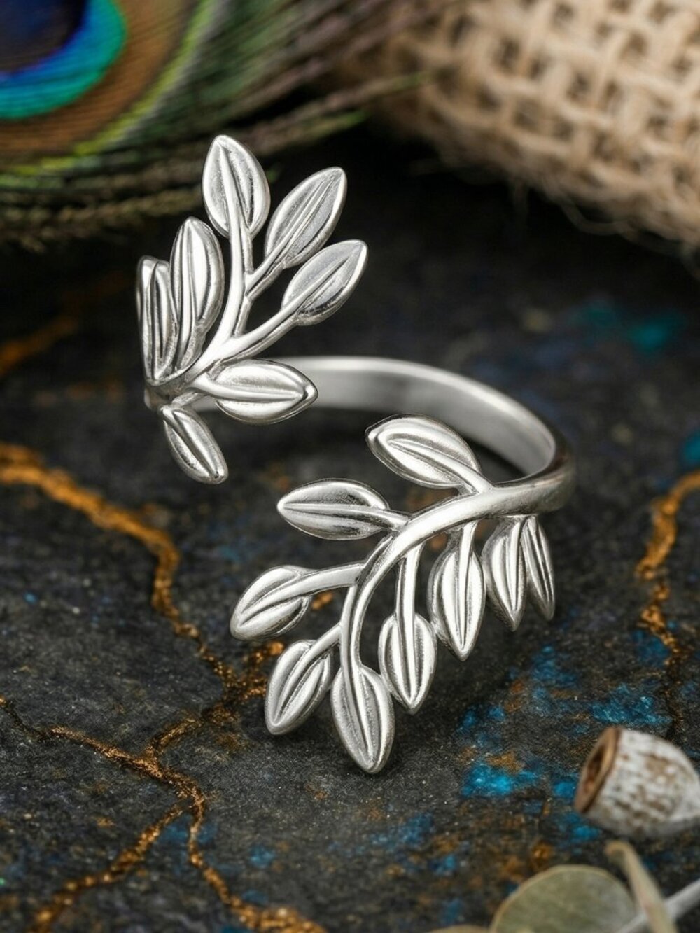 Leaf Vine Branch Wrap Ring 18K White Gold Plated Stainless Steel Adjustable